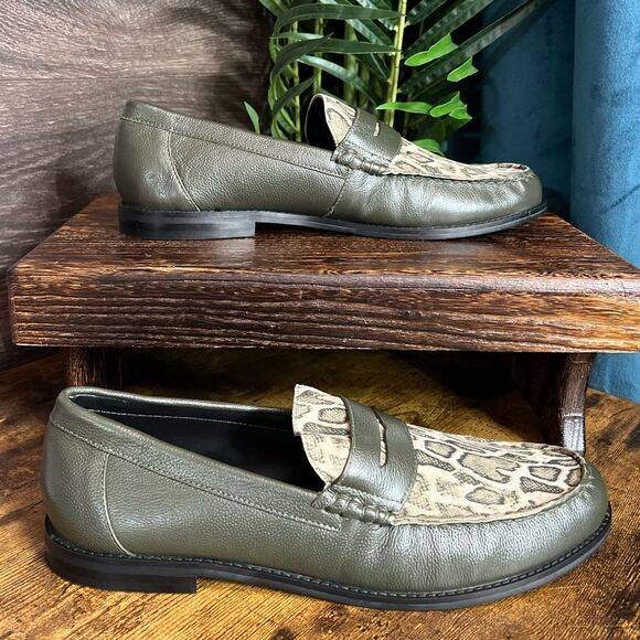 ASOS DESIGN penny loafers in green khaki leather w/faux snake print, Sz 13. NWOT - Picture 9 of 16